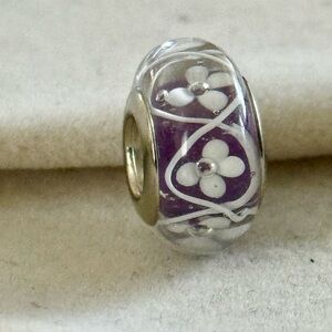 Purple and white flowers Murano Glass Charm fit Pandora bracelets